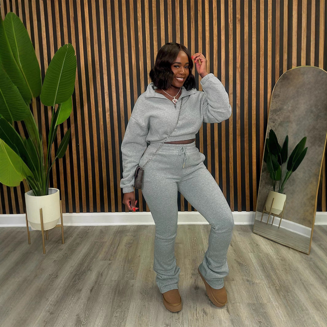 Women Fall and Winter Zipper Hoodies and Pants Sports Two Piece Set 7