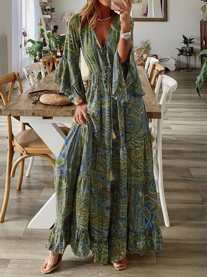 Women Boho Bell Bottom Sleeve Printed V Neck Holidays Maxi Dress 9