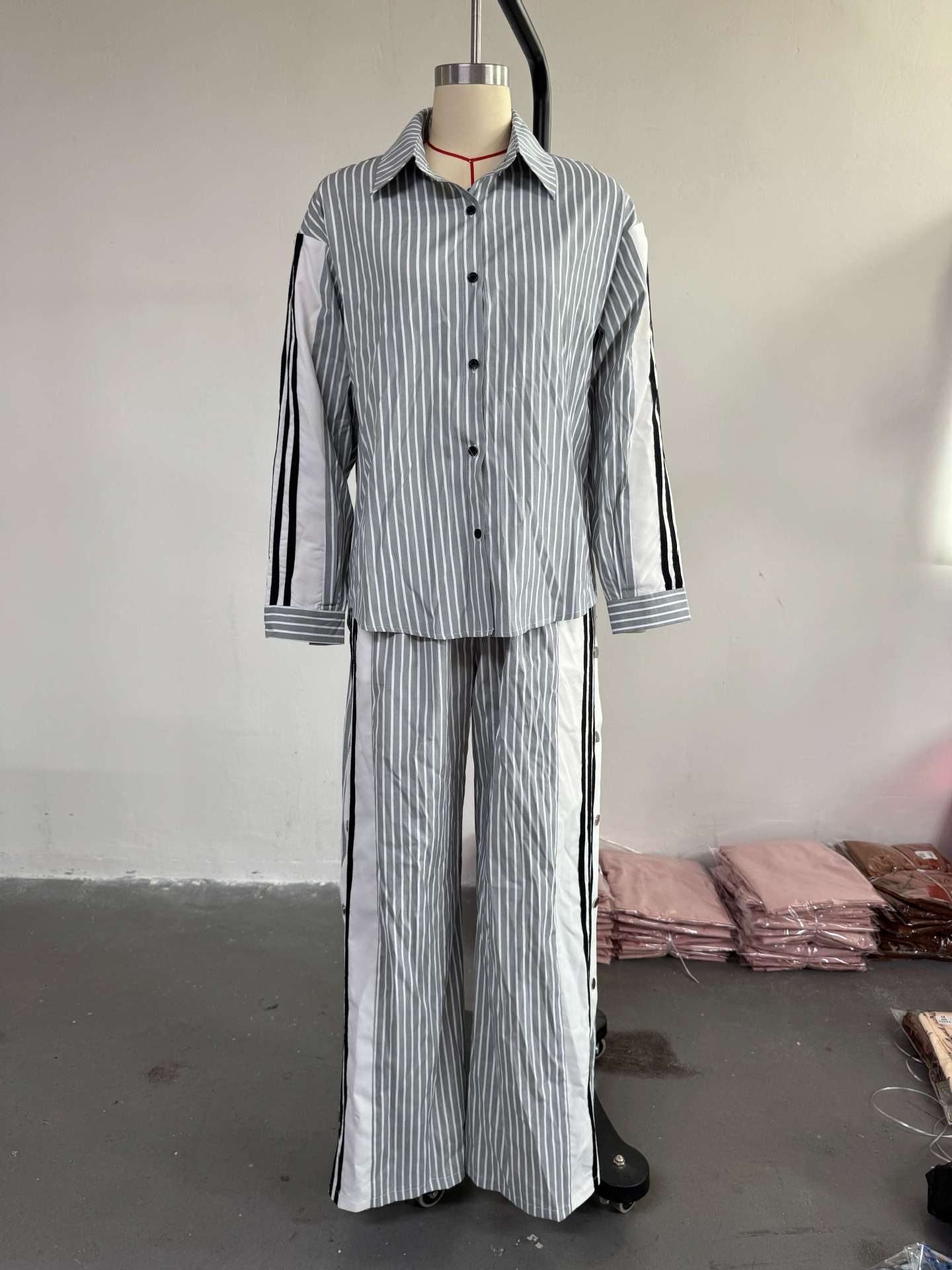 Women summer Turndown Collar striped long-sleeved shirt wide-leg pants Casual two-piece set 6
