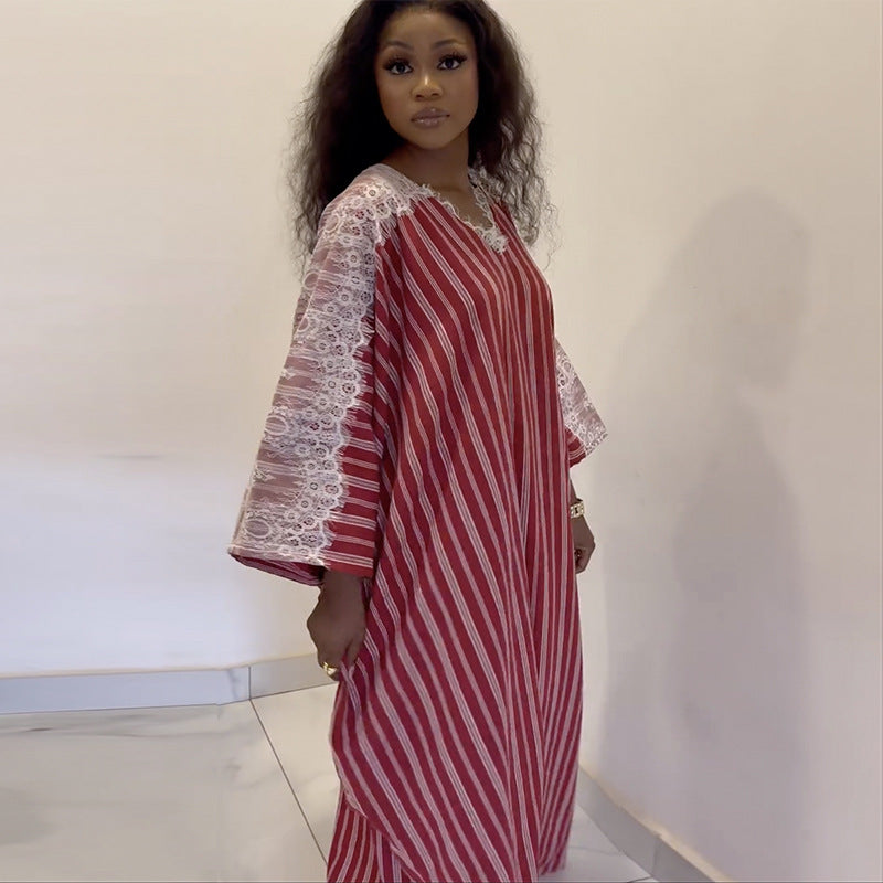 Women Summer Lace V-Neck Striped Dress