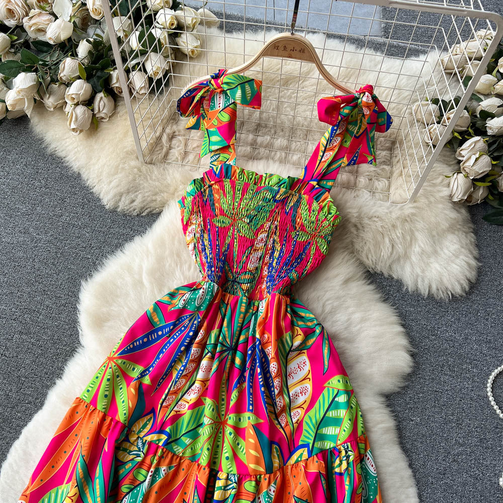 Holidays Dress Summer Strap Lace-Up Slim Waist Flared Print Dress