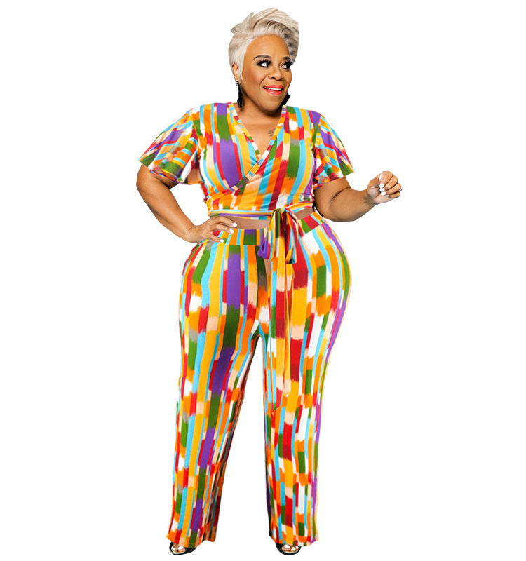 Plus Size Women's Spring Short Sleeve Top and Pants Set 6