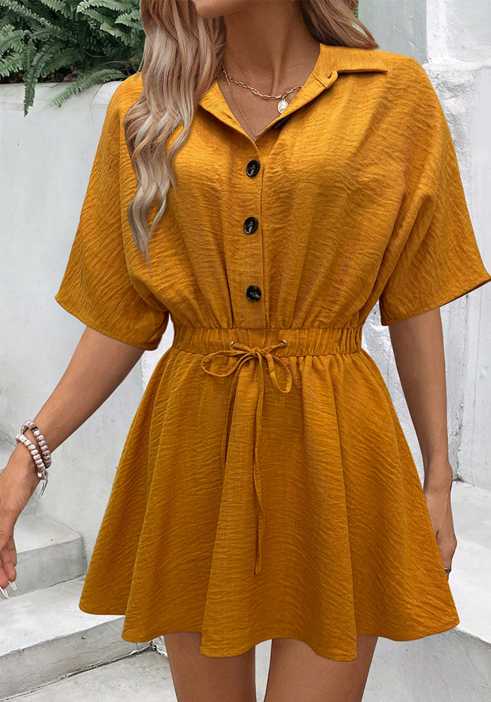 Button-Up Short-Sleeve Slim Waist Belted Shirt Dress