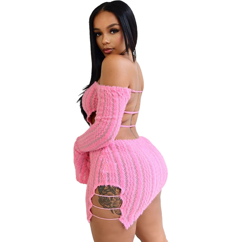 Women Clothing Off Shoulder Sexy Chest Wrap Hollow Backless Slit Dress 7