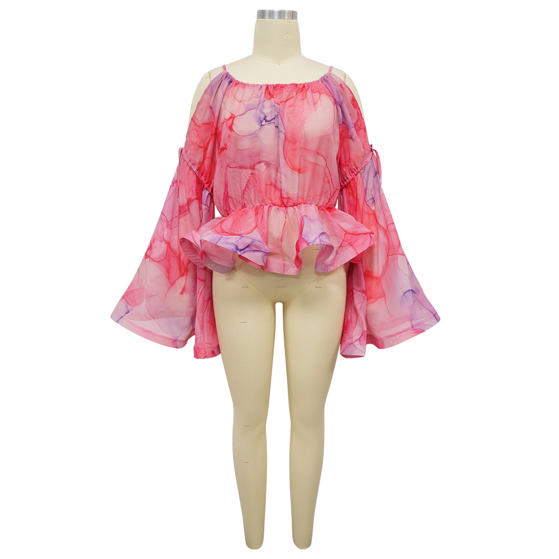 Women Sexy Off-The-Shoulder Mesh Print Bell Bottom Sleeve Top 6