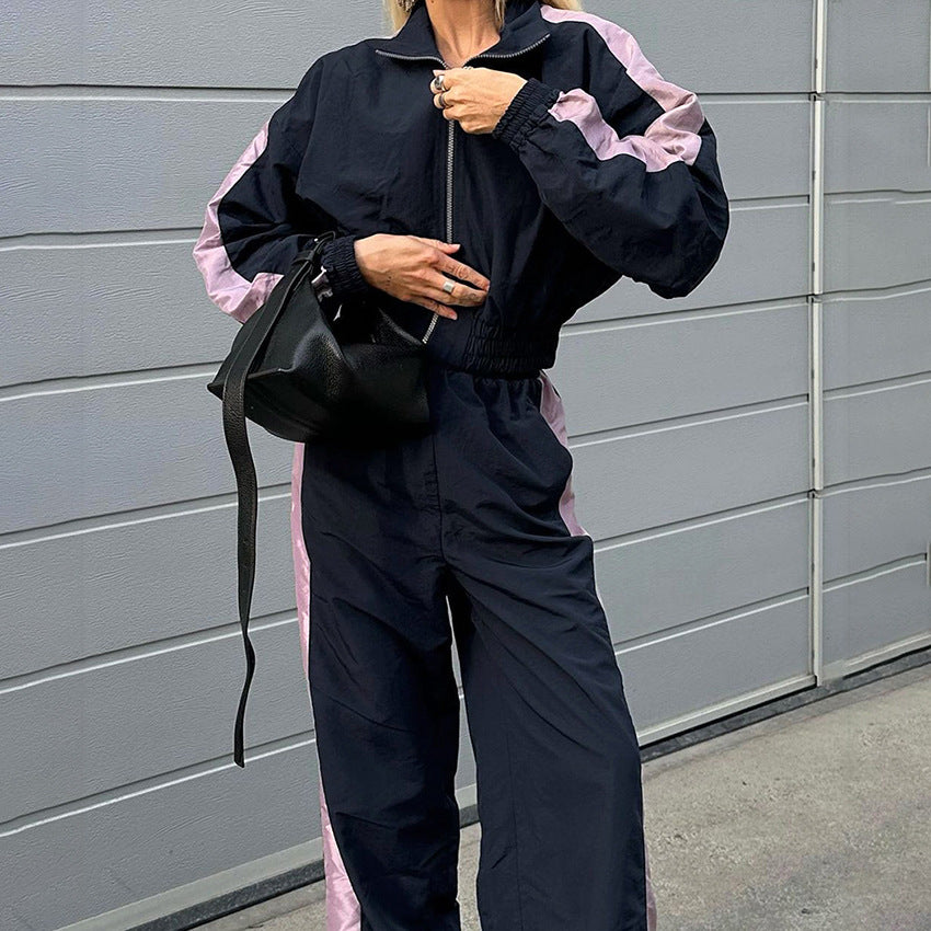 Women American contrast color sports casual jacket trousers Two Piece Set 7