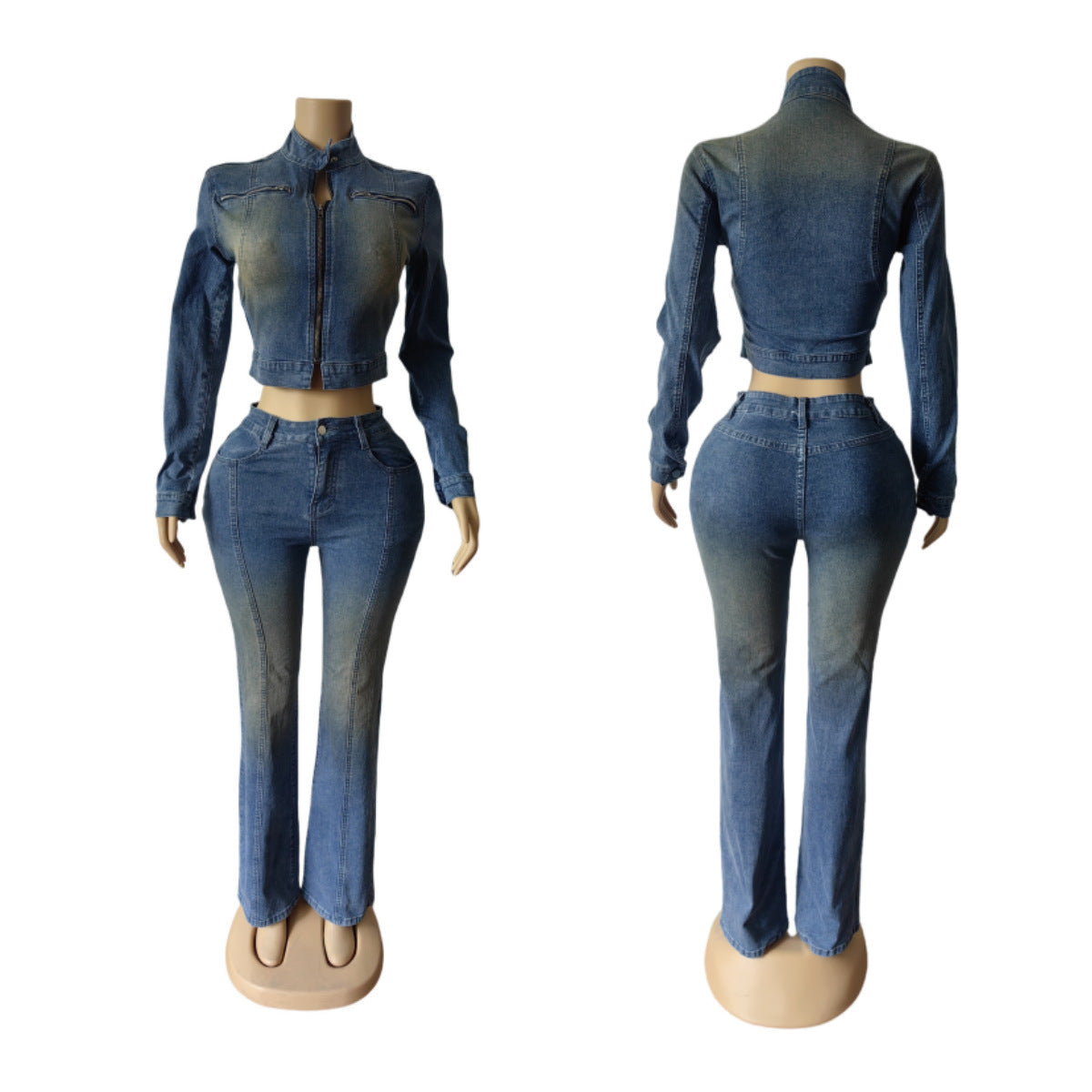 Denim Stretch Long Sleeve Jacket Flared Pants Set