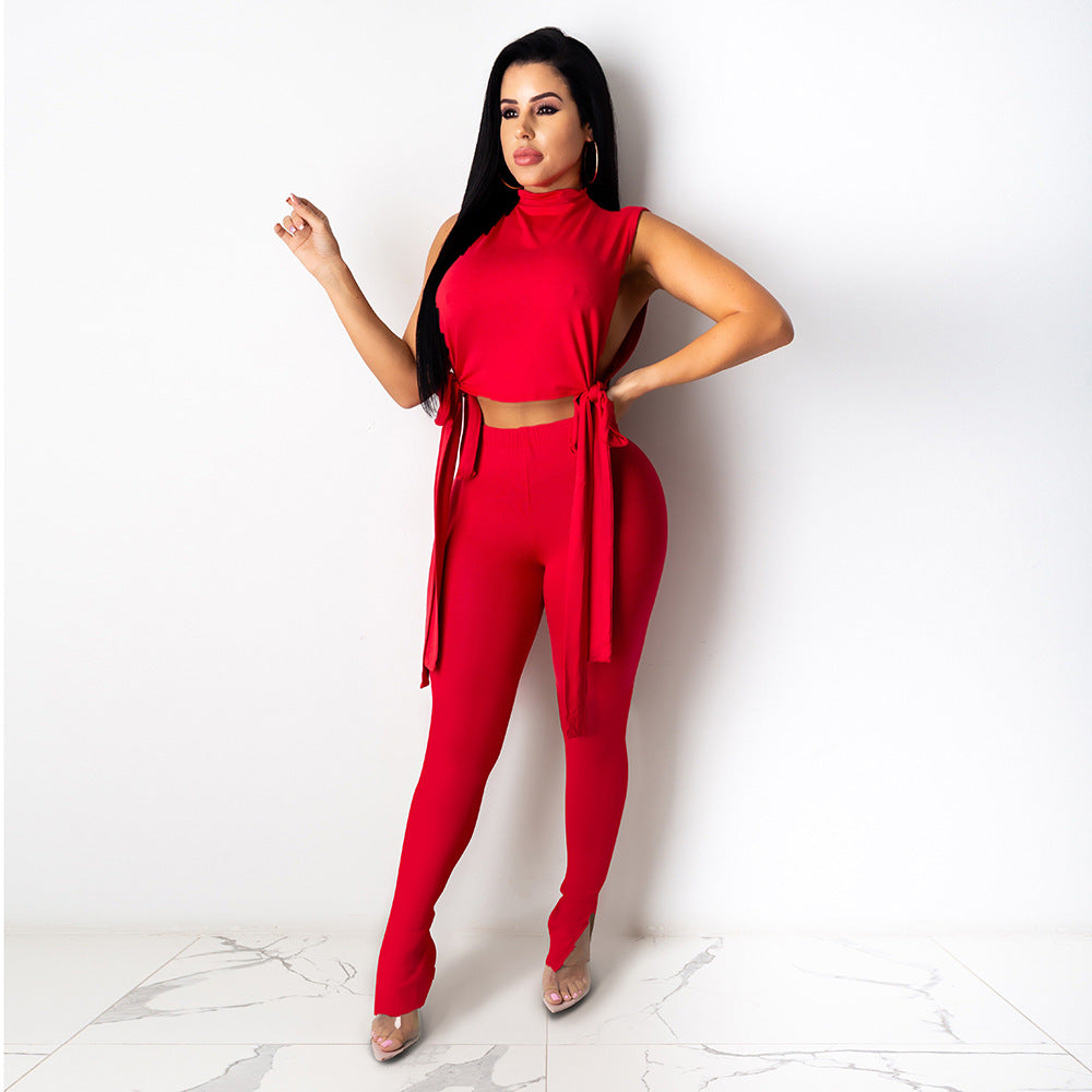 Women Solid Lace-Up Sexy Top and Pant Two-piece Set