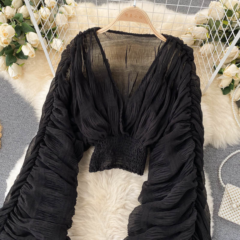 Pleated Puff Sleeves Slim Short Fashionable Chiffon Shirt Tops 21