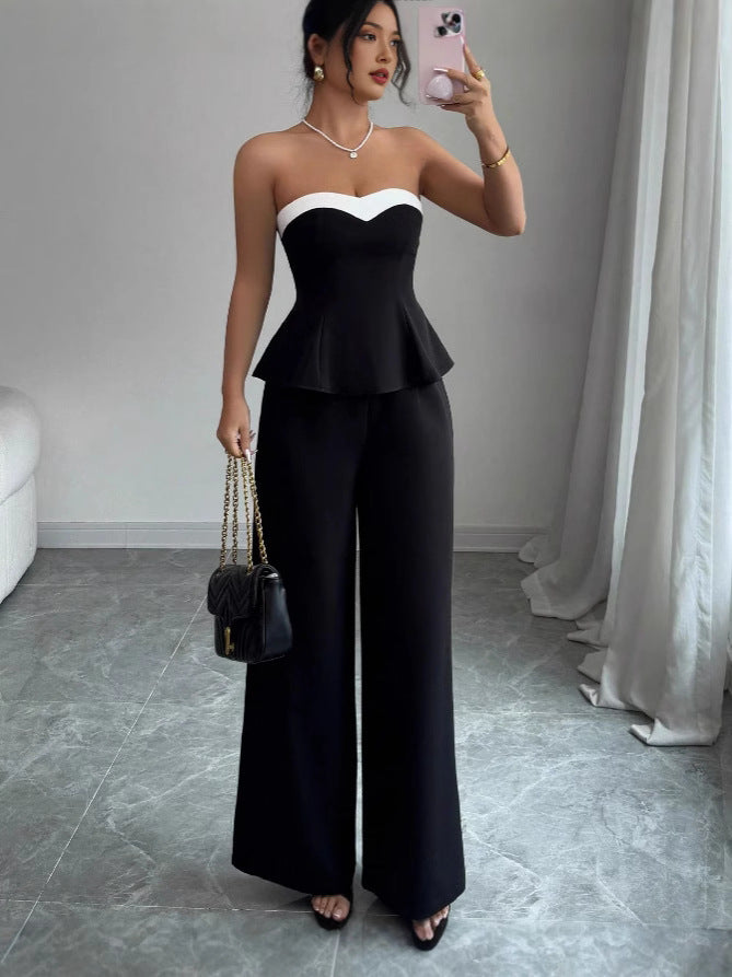 Women Summer Elegant Strapless Contrast Color Top and Pants Two Piece Set 5