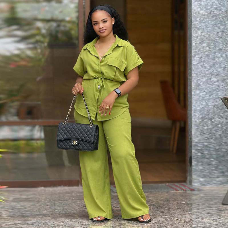 Plus Size Women Casual African Solid Turndown Collar Top and Trousers Two-piece Set 4