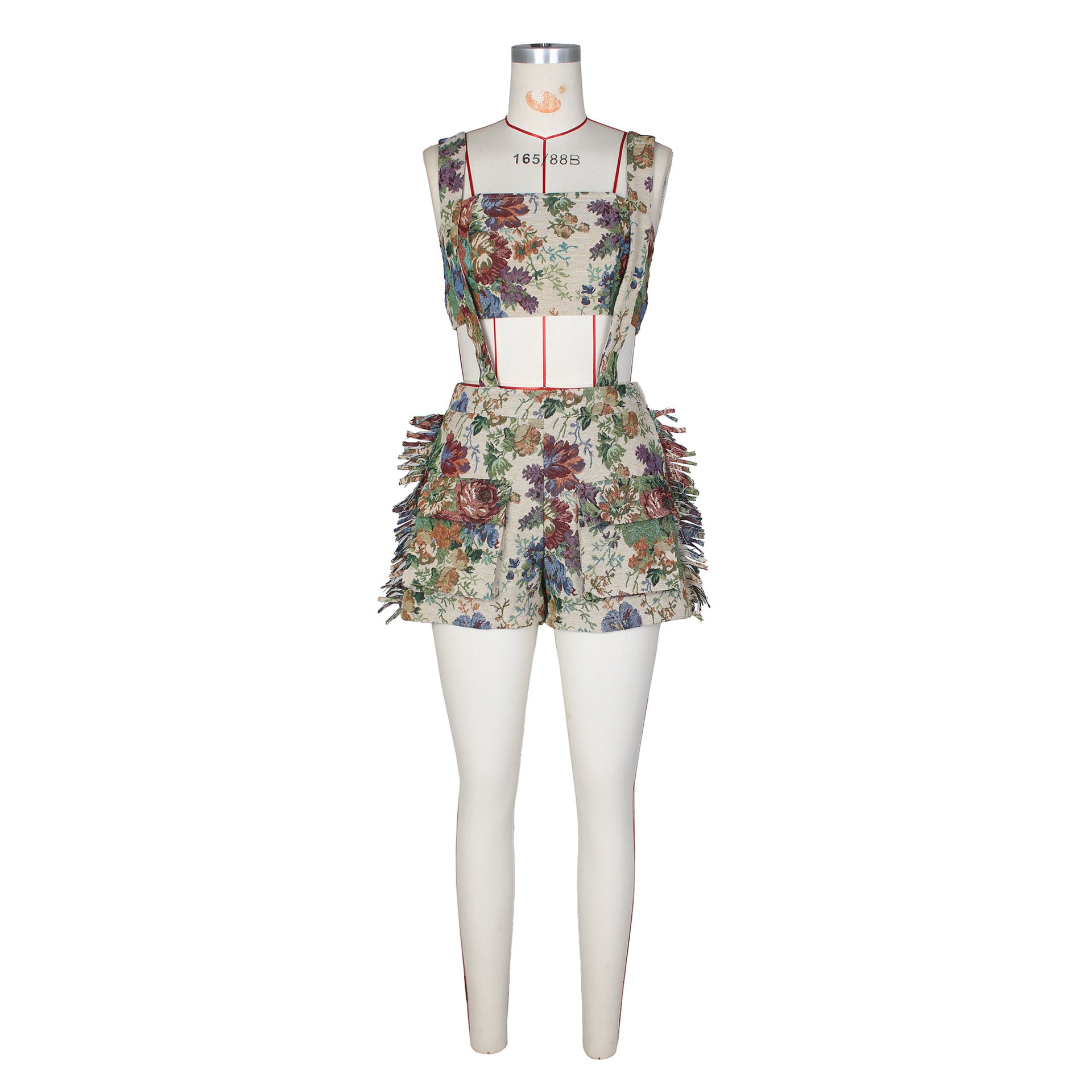 Street retro floral French court Women strapless top tassel suspender shorts two-piece set 10