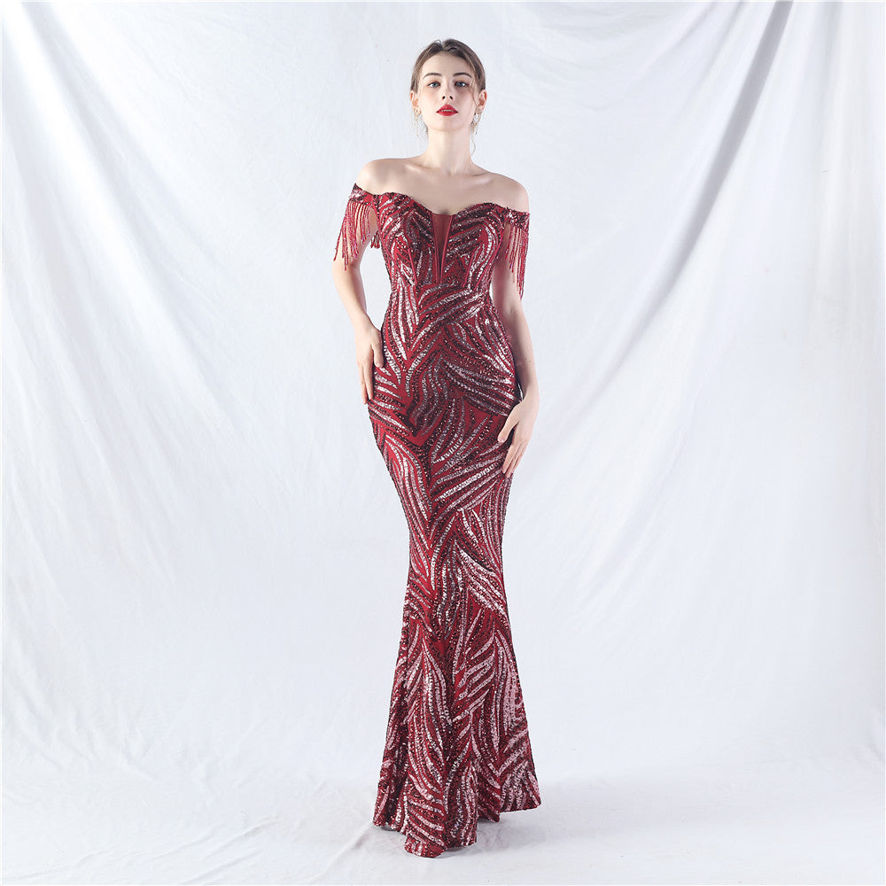 Off Shoulder Tassels Fishbone Slim Waist Lace-Up Sequin Evening Dress 11