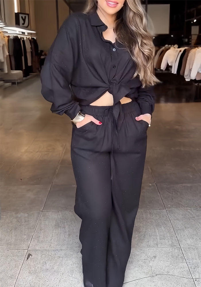 Women's Beaded Star-Embellished Blouse & Drawstring Wide-Leg Pants Set