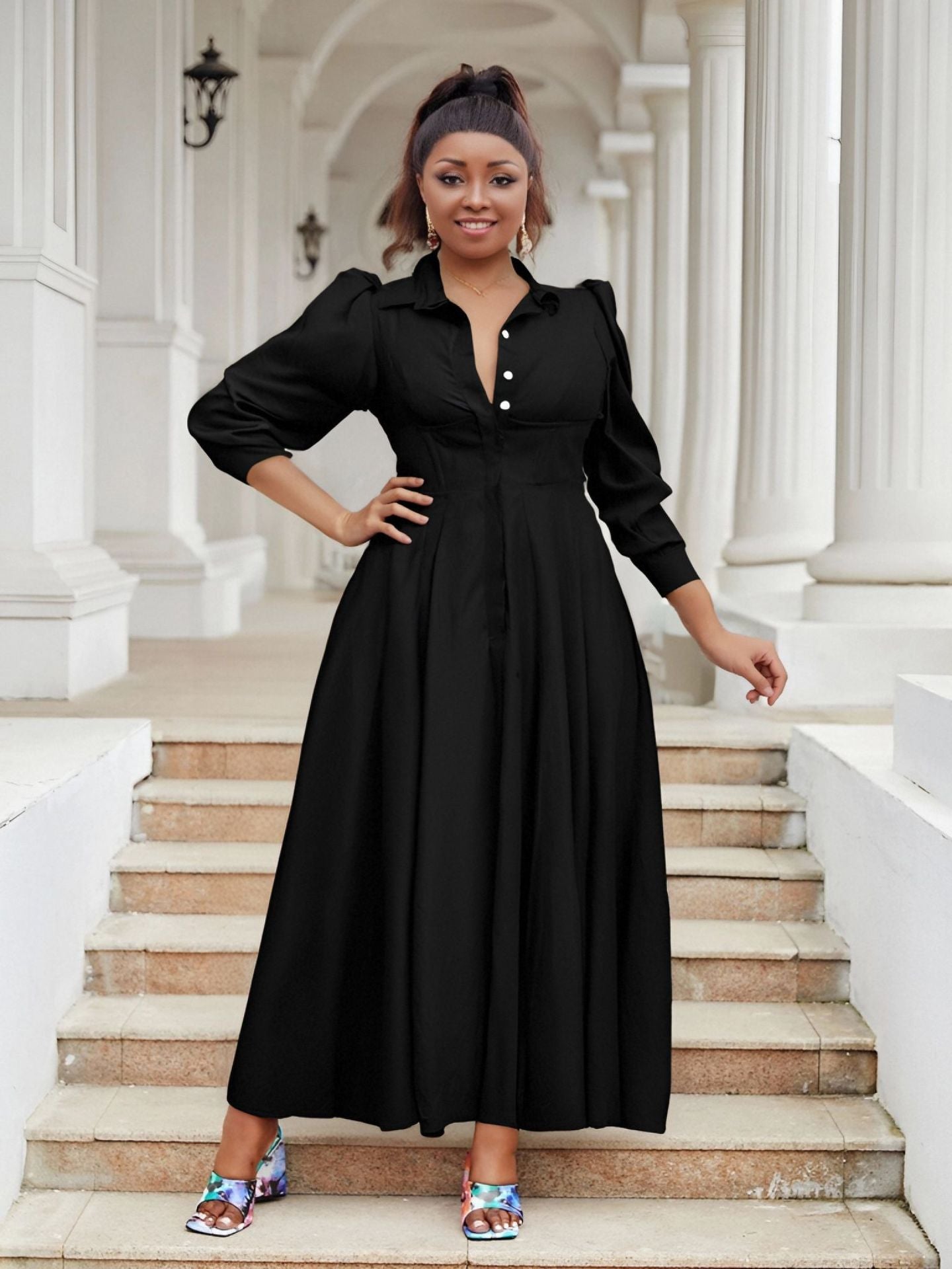 Plus Size Women Elegant Long Sleeve Solid Shirt Dress 9