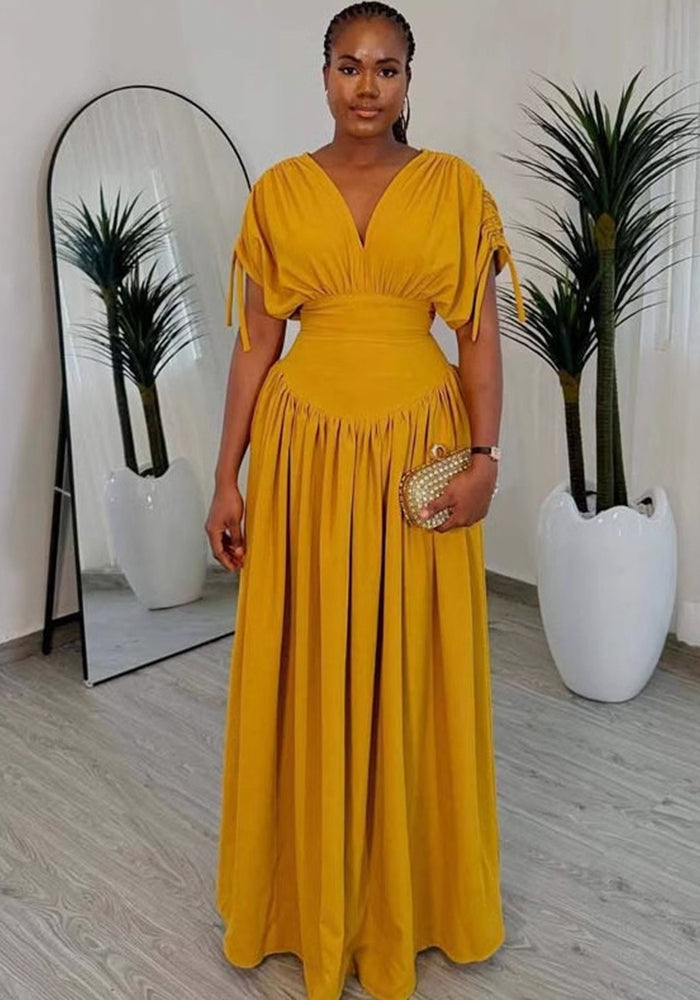 Women's V-Sleeve Elastic Slim Waist Solid Color  African High-Waist Long Dress