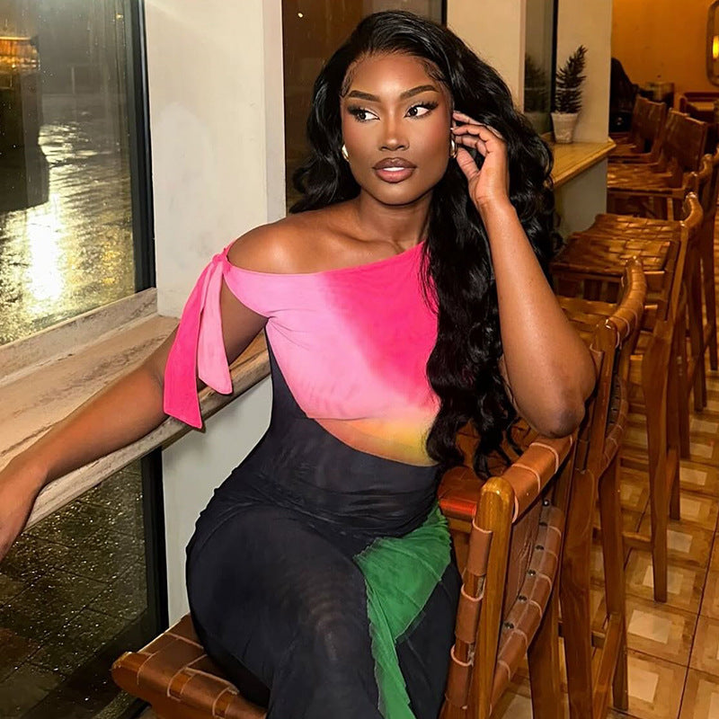 Women Colorblock Lace Off Shoulder Slash Shoulder Dress 5