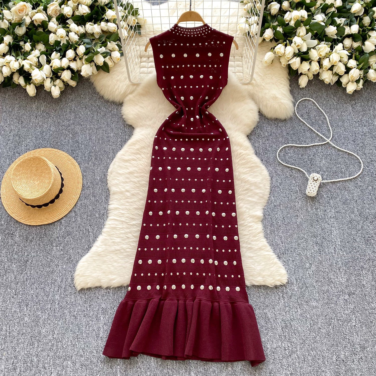 Women's Summer Sleeveless Stand Collar Diamond Slim Luxury Fishtail Long Dress 6