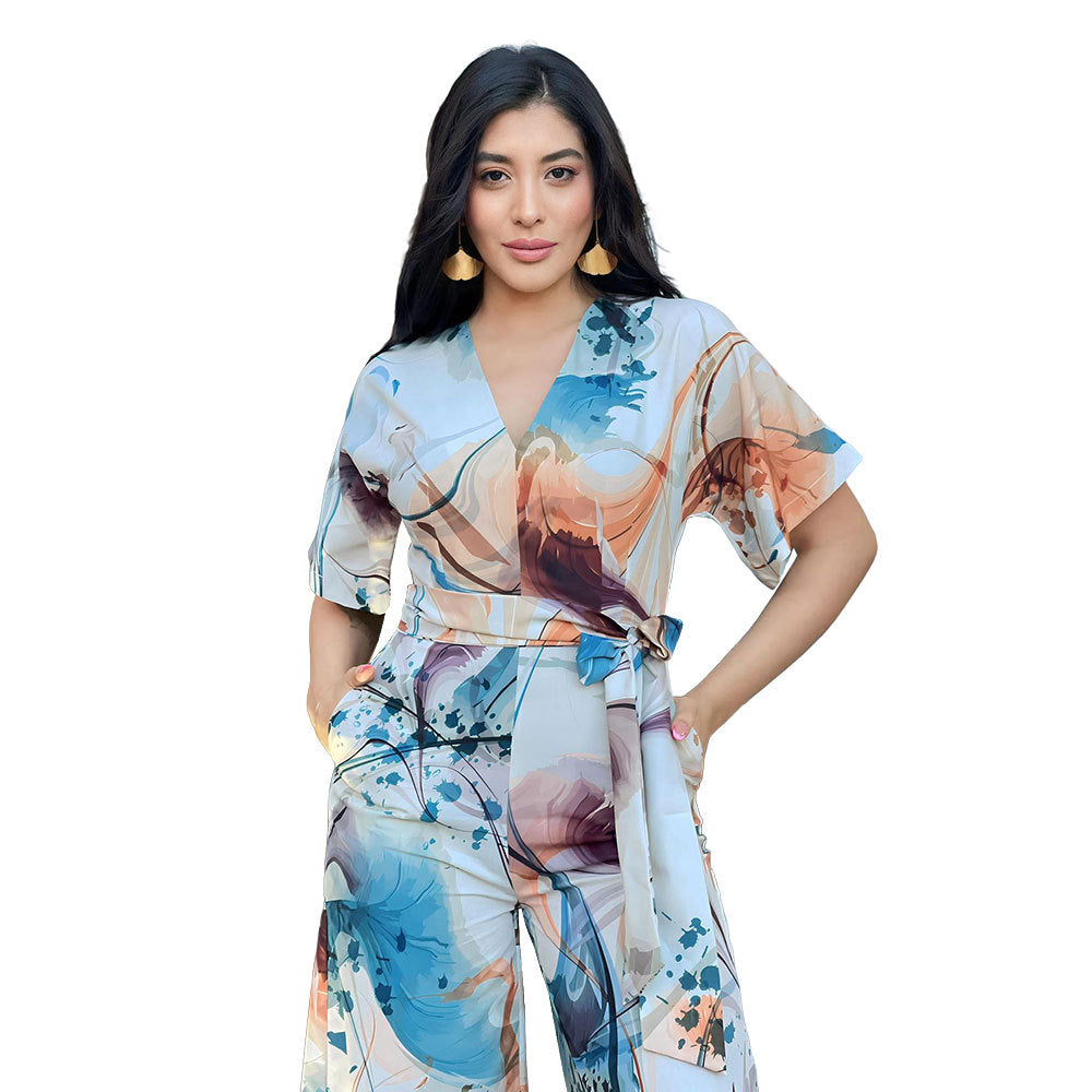 Women Print Lace Up V Neck Short Sleeve Jumpsuit 5