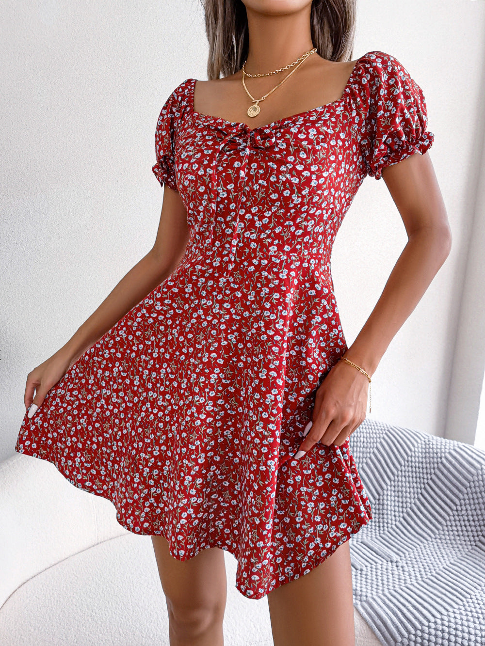 Women Casual Bell Bottom Sleeve Drawstring Floral Dress 9