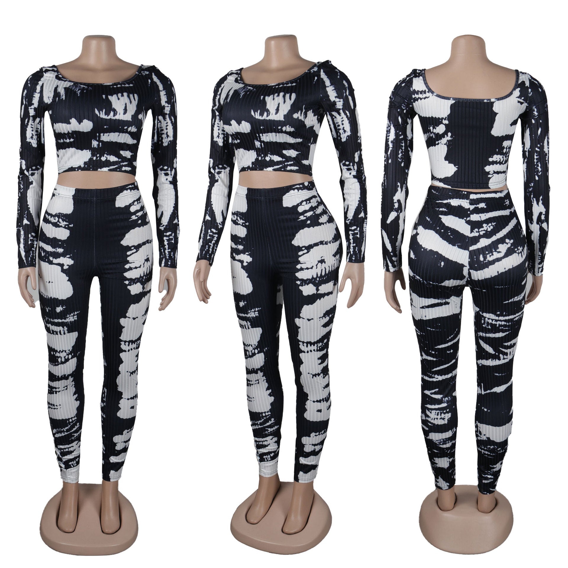 Sexy Printed Slim Fit Stretch Ribbed Two-Piece Pants Set 6