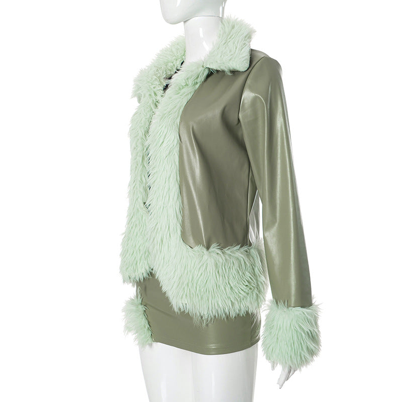 Women Pu-Leather Fur Collar Jacket and Skirt Two Piece Set 14
