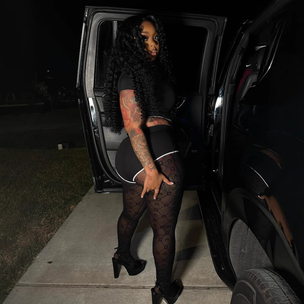 Black And White Patchwork Round Neck Moon Print Tight Fitting Two Piece Shorts Set 3