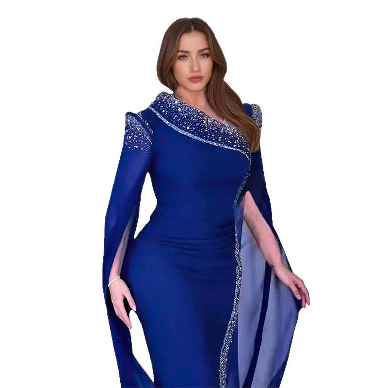 Women Elegant Slash Shoulder Beaded Evening dress 8