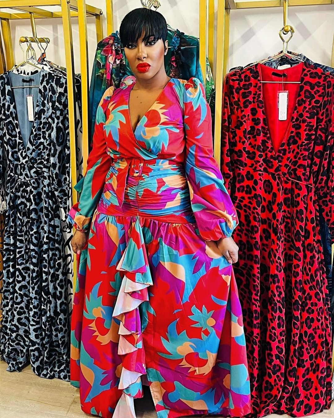 Spring women's retro printed deep v slit slim-fit long dress 3