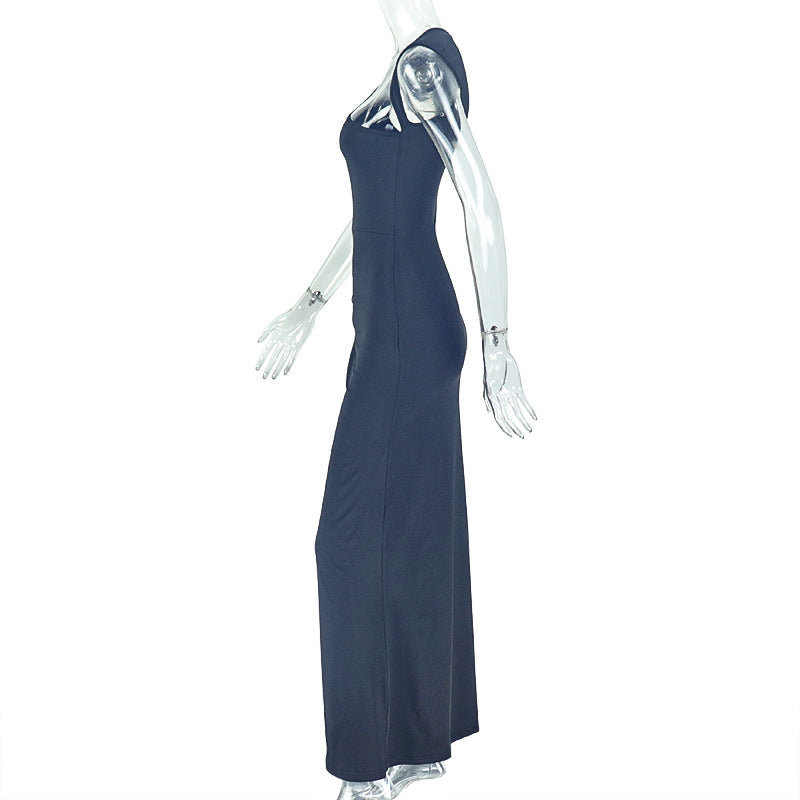 Women's Elegant Chic Solid Pleated Slit Slash Shoulder Long Dress 7