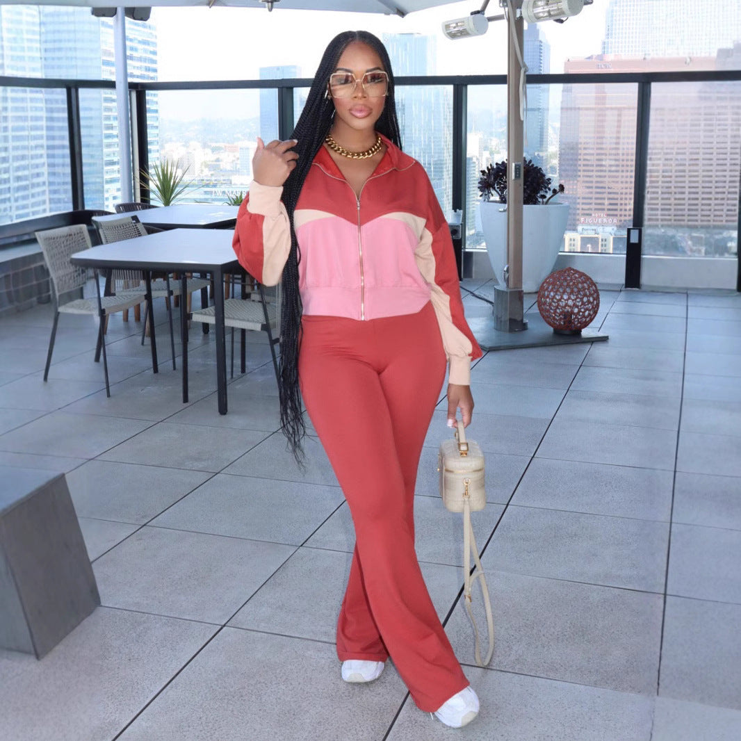 Autumn And Winter Women's Long Sleeve Zipper Jacket Tight Fitting Bell Bottom Pants Two-Piece Set 10