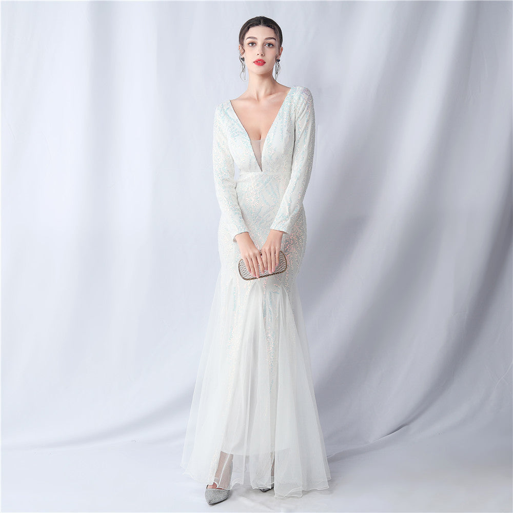 Women mesh sequin wedding dinner long-sleeved evening dress 14