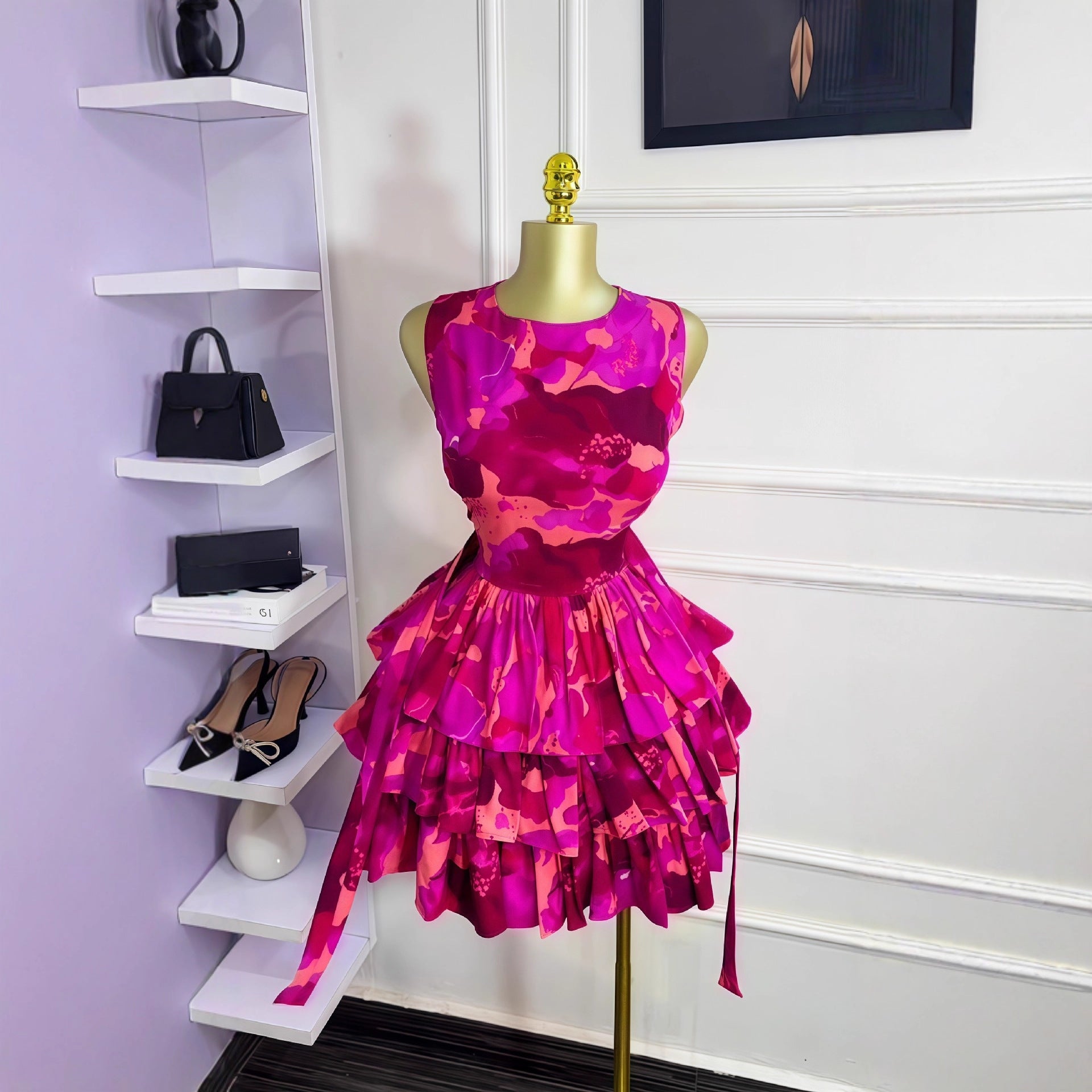 Women early fall sleeveless round neck pleated cascading ruffles dress. 4