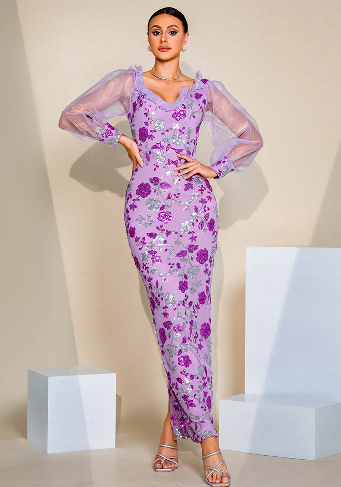 Long Sleeve V Neck Sexy Hollow Sequin Formal Party Evening Dress Bridesmaid Dress