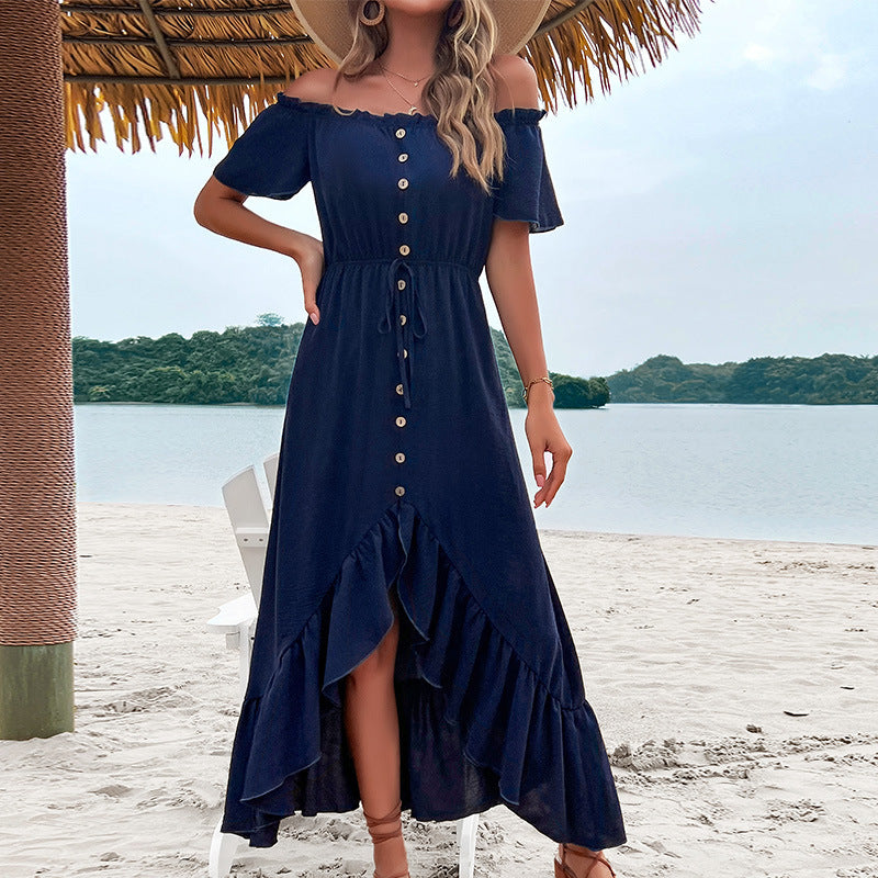 Summer Women Off Shoulder Ruffle Sleeve Irregular Dress 7