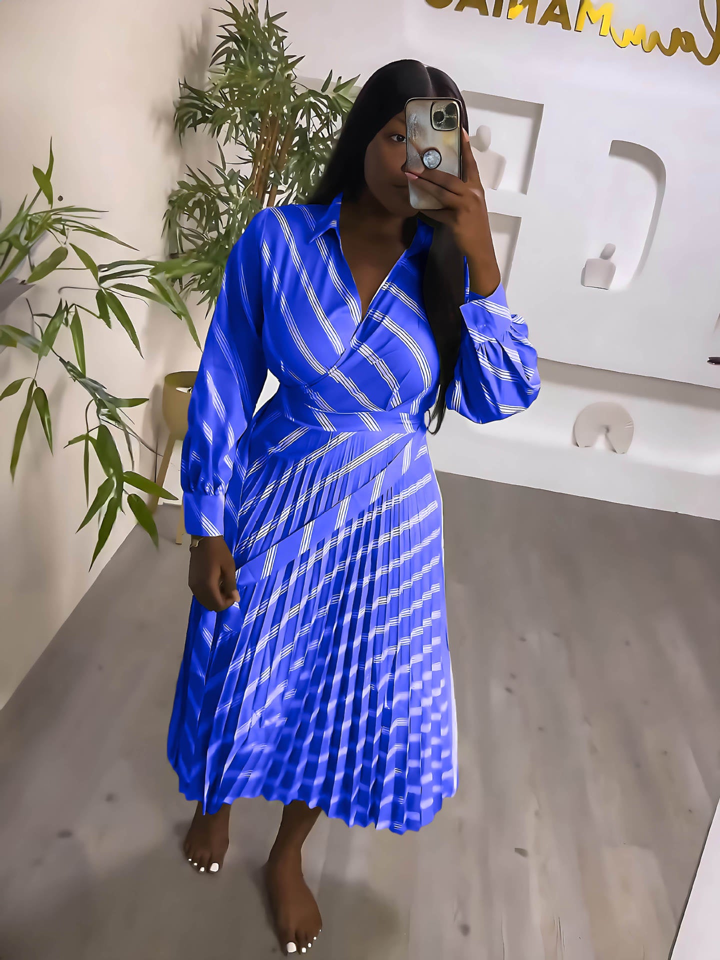 Striped Turndown Collar Casual Summer Women's  Pleated Slim Waist Long Dress 4