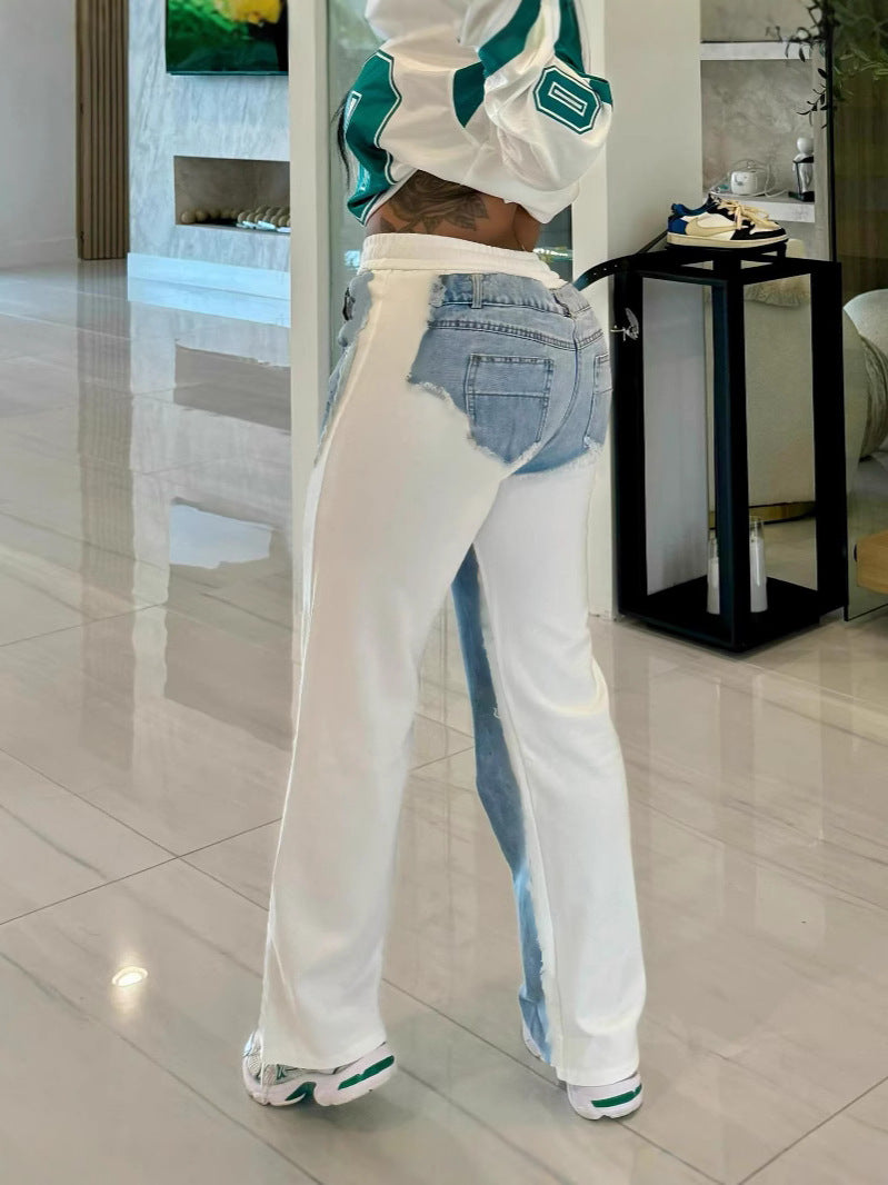 Spring/Summer Denim Print Contrast Pocket Elastic Waist Casual Straight-Leg Pants 6