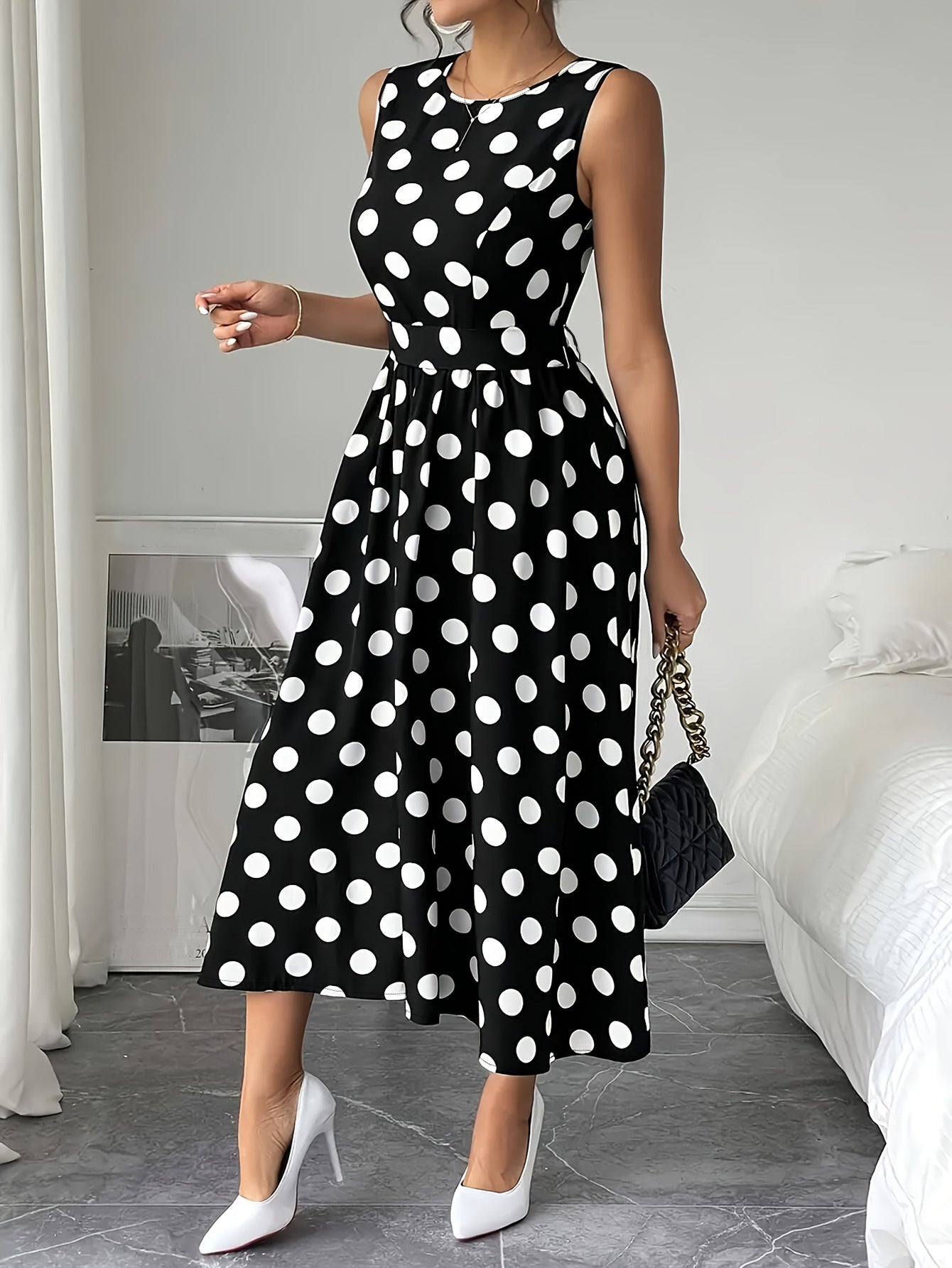 Plus Size Women Elegant Round Neck Sleeveless Polka Dot Print Dress 3