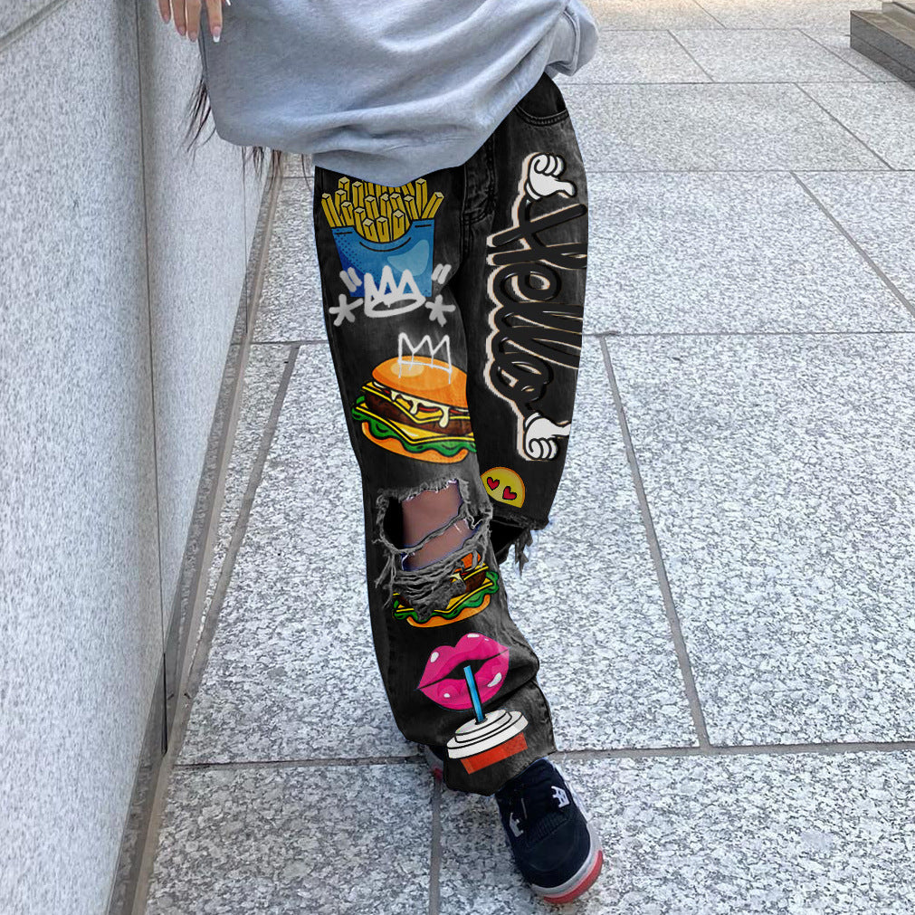 Women Ripped Print Shabby Denim Pants 5