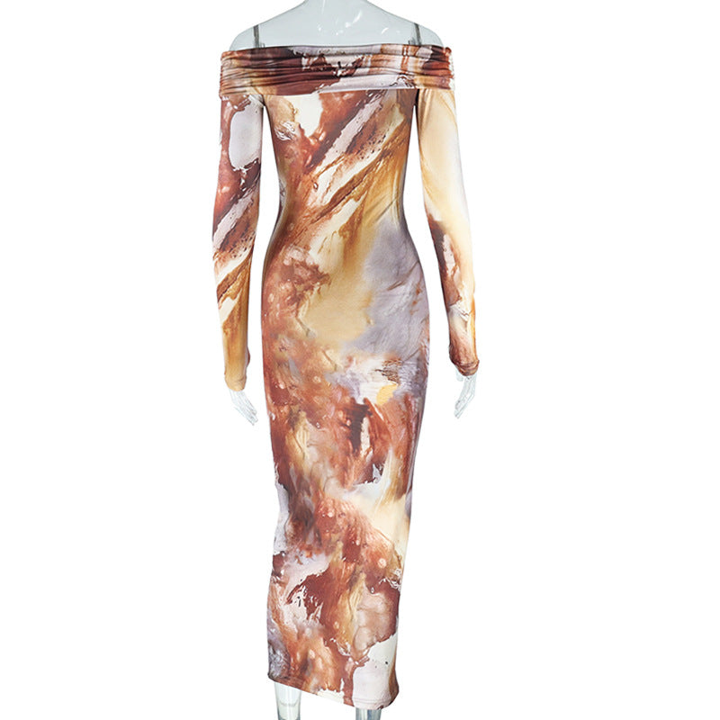 Women's Retro Fashion Print Sexy Off Shoulder Long Sleeve Trendy Dress 11