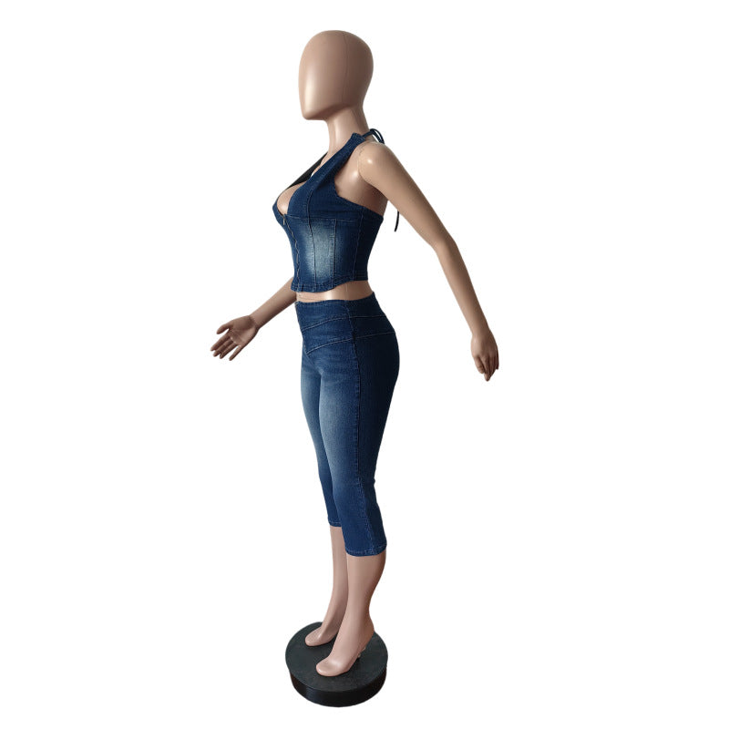 Women Strapless Halter Neck Lace-up Stretch Denim Top and Capri Two Piece Set 9