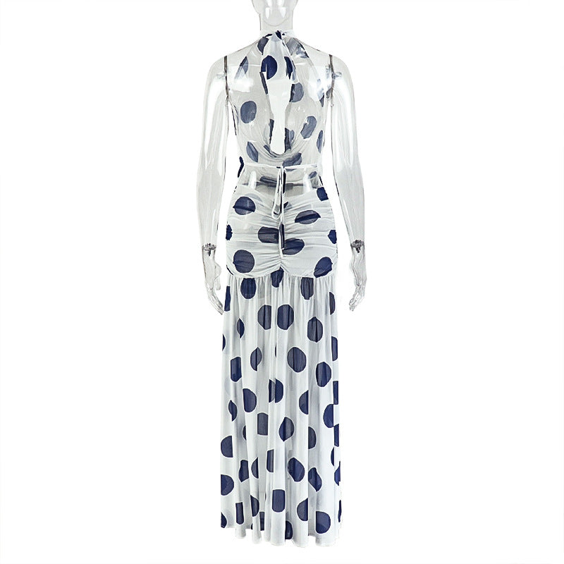 Black White Polka Dot Women's Slit Print Irregular High Neck Tie Low Back Dress 7