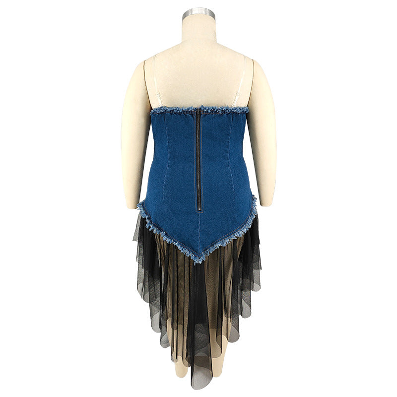 Plus Size Women Suspender Off Shoulder Denim Patchwork Mesh Dress 10