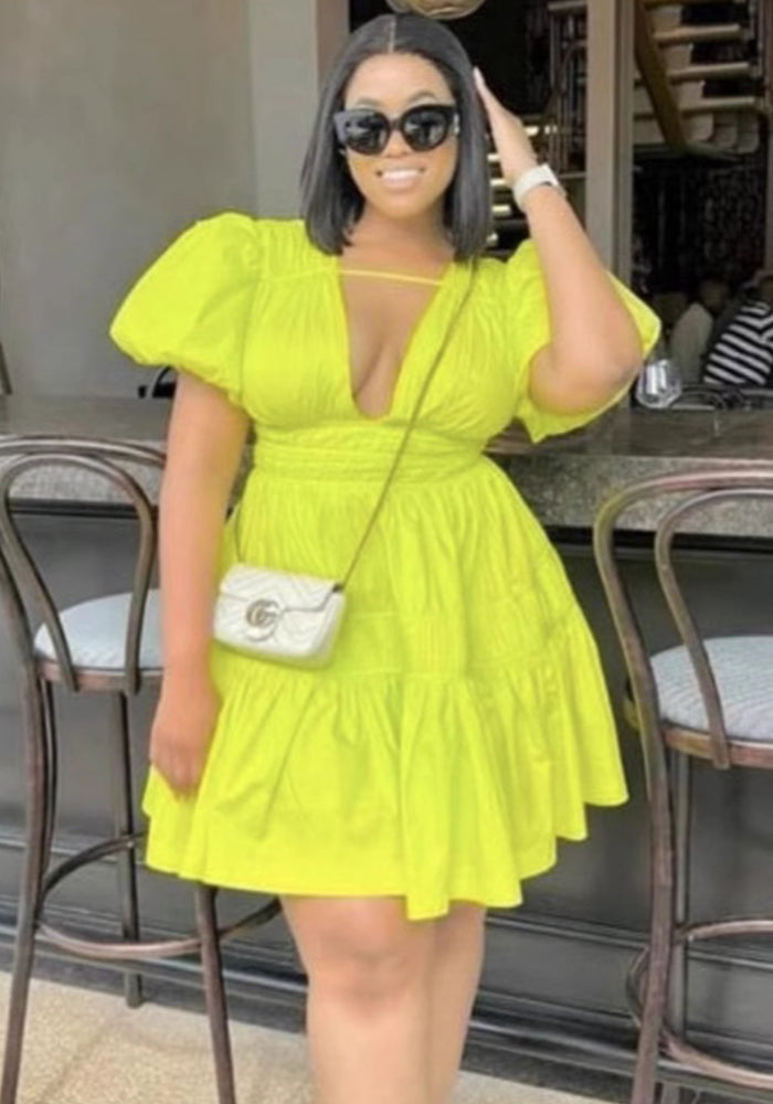 Women Elegant V-Neck Puff Sleeve Pleated Mini Dress