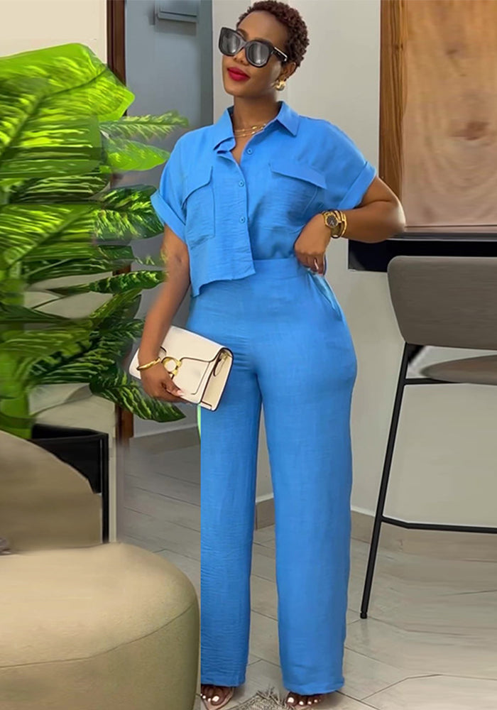 Women Casual Solid Turndown Collar short-sleeved shirt and wide-leg Pant two-piece set 8