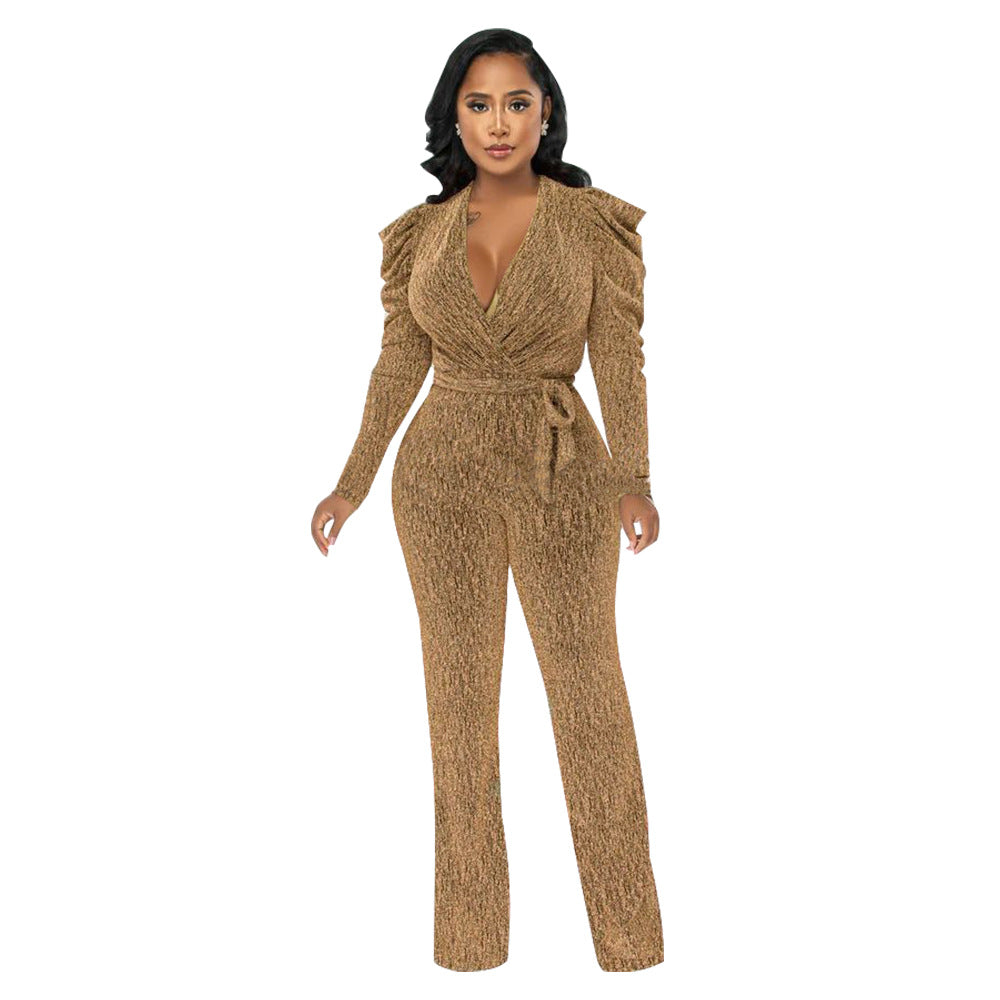 Women'S Sexy Slim Waist V Neck Puff Sleeve Shiny Knitting Jumpsuit 8