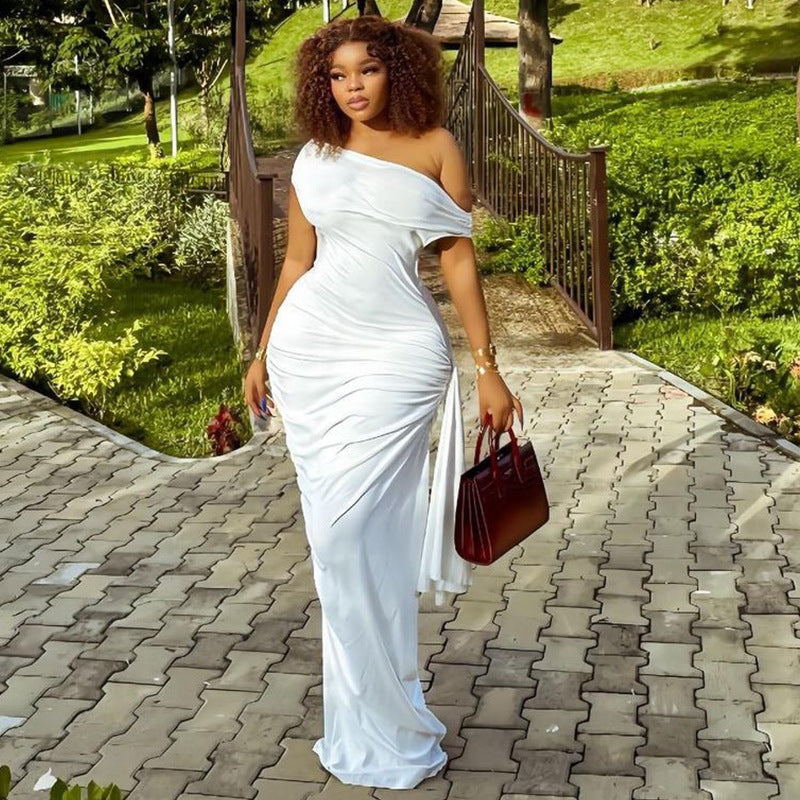 Women's Solid Color Slash Shoulder Casual Ribbon Long Dress 6