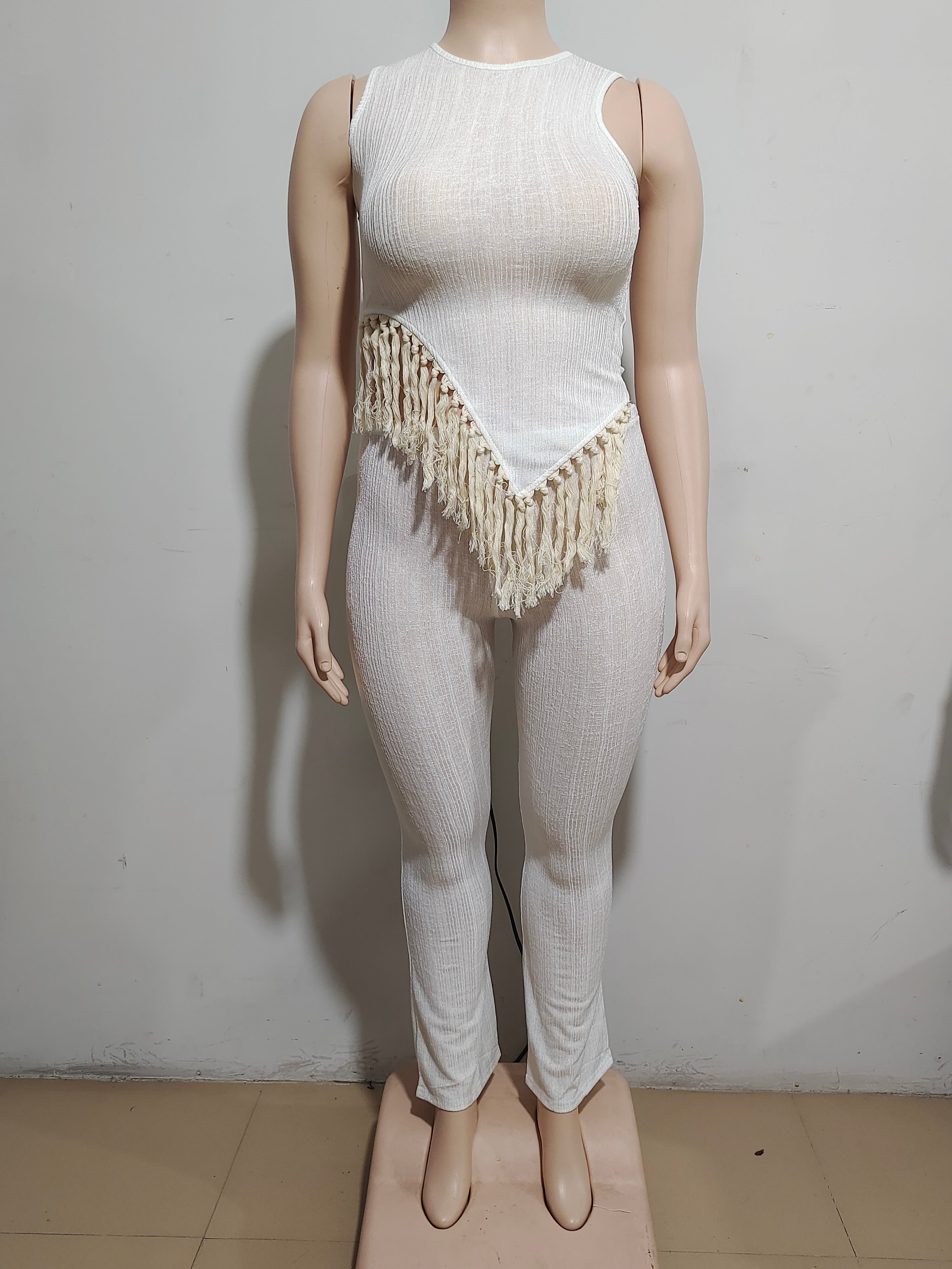 Women's Casual Set Irregular Fringe Sleeveless Tank Top High Waist Pants Set 11