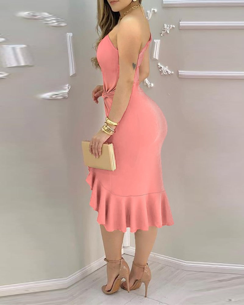 Summer Women'S Solid Color Slash Shoulder Low Back Ruffle Slim Formal Party Evening Dress 7