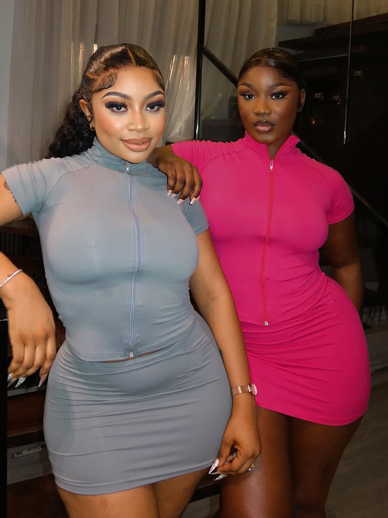 Women Basic Solid Fitted zipper short-sleeved T-shirt Bodycon skirt two-piece set 8